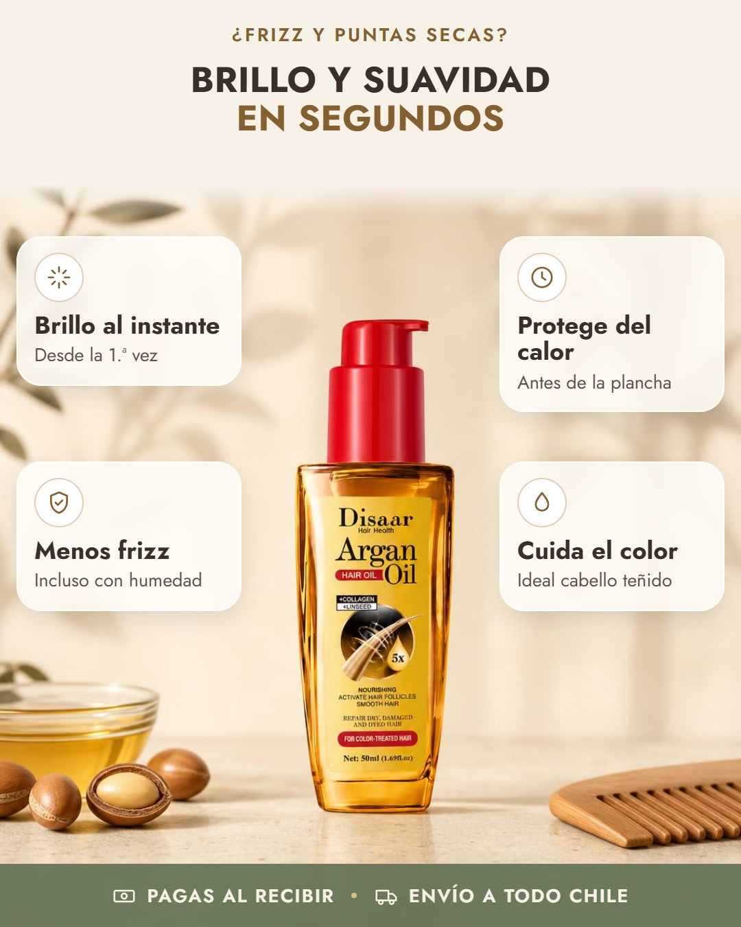 Beneficios de Aceite de Argán Disaar: brillo al instante, protege del calor, menos frizz, cuida el color