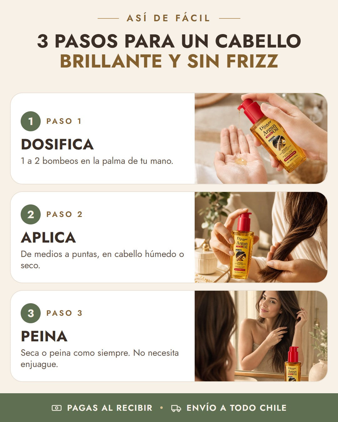 Cómo usar Aceite de Argán Disaar en 3 pasos: dosifica, aplica, peina