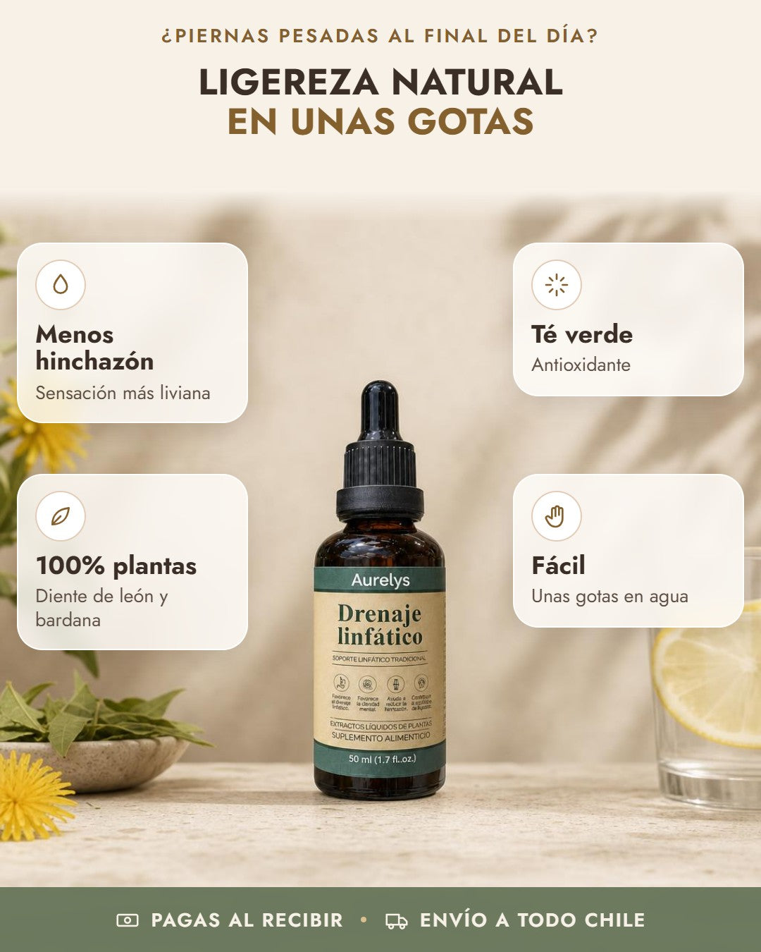 Beneficios de Aurelys Drenaje Linfático: menos hinchazón, té verde, 100% plantas, fácil