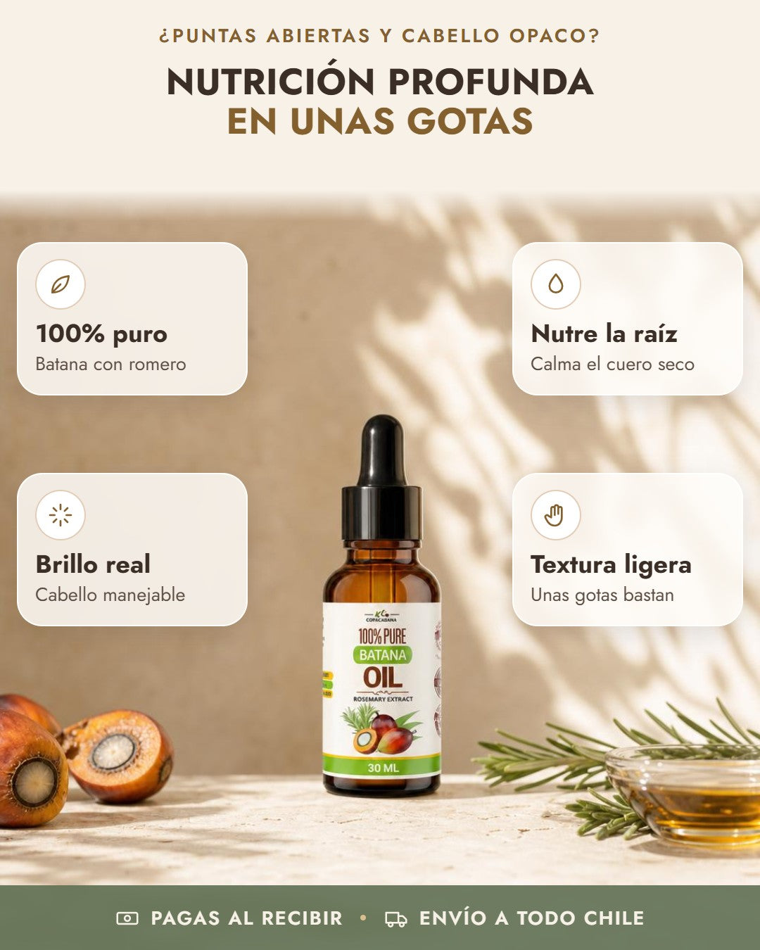 Beneficios de Aceite de Batana Puro Copacabana: 100% puro, nutre la raíz, brillo real, textura ligera