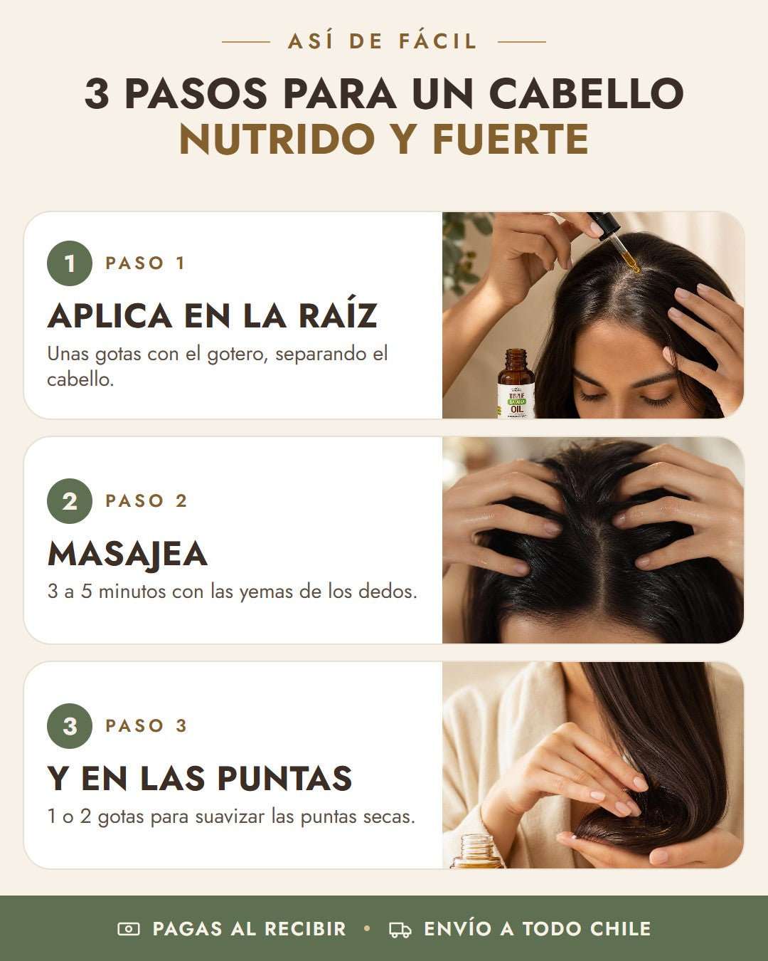 Cómo usar Aceite de Batana Puro Copacabana en 3 pasos: aplica en la raíz, masajea, y en las puntas