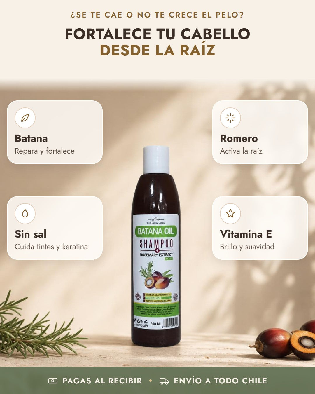 Beneficios de Shampoo de Batana y Romero Copacabana: batana, romero, sin sal, vitamina e