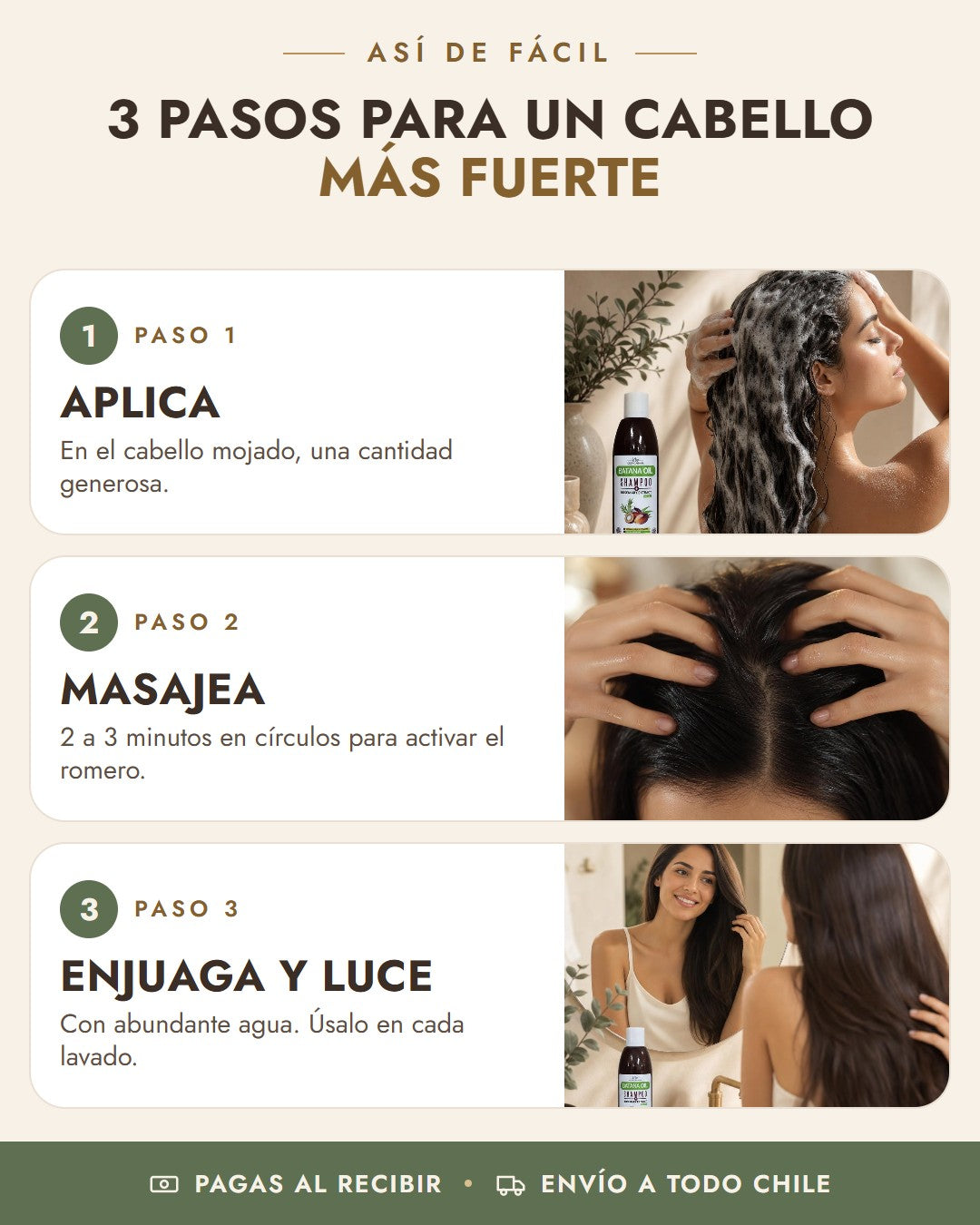 Cómo usar Shampoo de Batana y Romero Copacabana en 3 pasos: aplica, masajea, enjuaga y luce