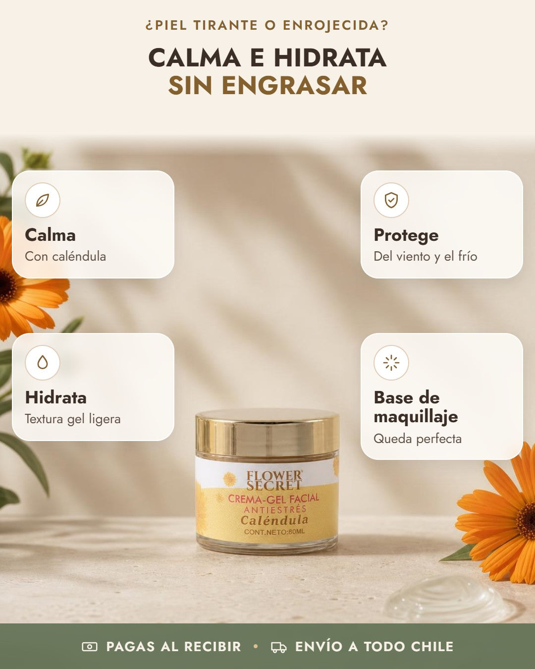 Beneficios de Crema-Gel Caléndula Flower Secret: calma, protege, hidrata, base de maquillaje