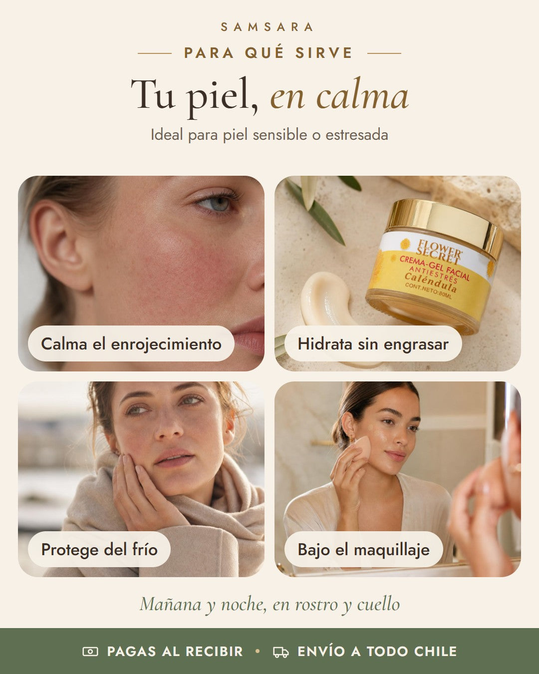 Crema-Gel Caléndula Flower Secret: calma el enrojecimiento, hidrata sin engrasar, protege del frío, bajo el maquillaje