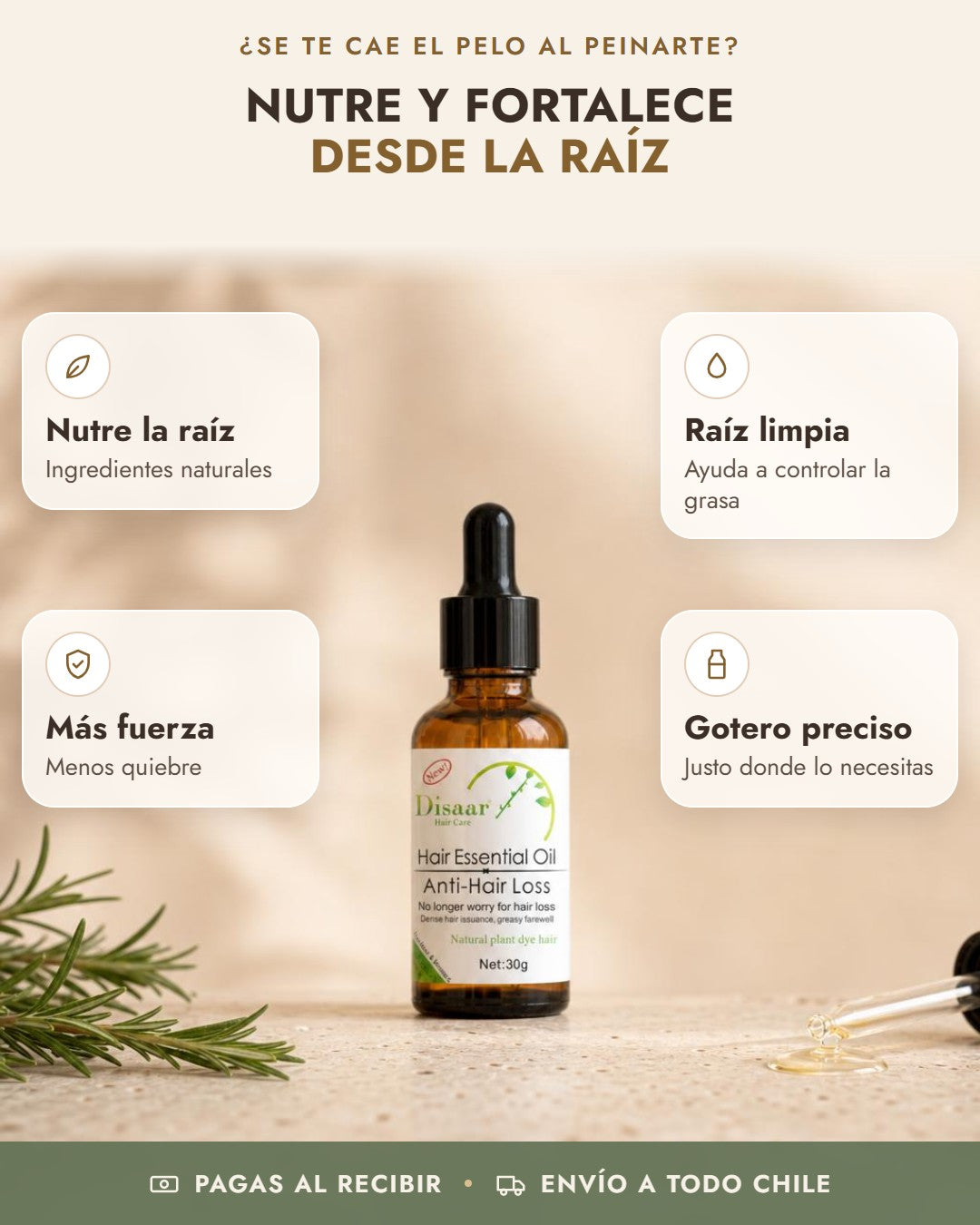 Beneficios de Aceite Anticaída Disaar: nutre la raíz, raíz limpia, más fuerza, gotero preciso
