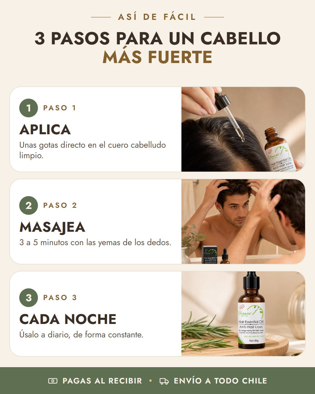 Cómo usar Aceite Anticaída Disaar en 3 pasos: aplica, masajea, cada noche