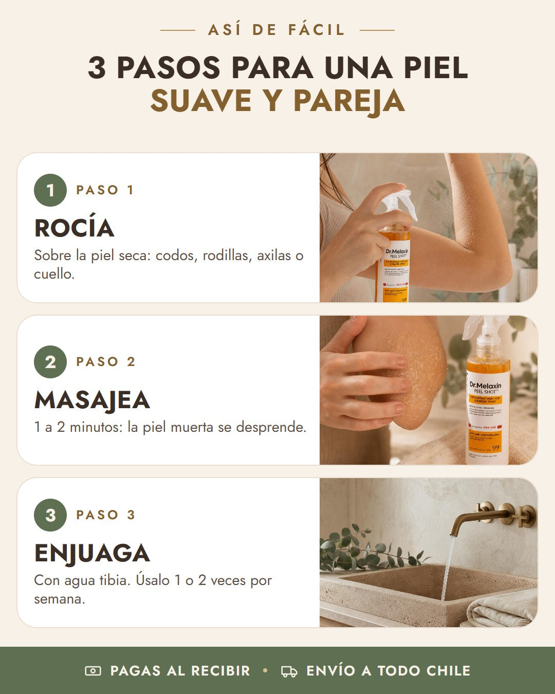 Cómo usar Dr. Melaxin Peel Shot en 3 pasos: rocía, masajea y enjuaga