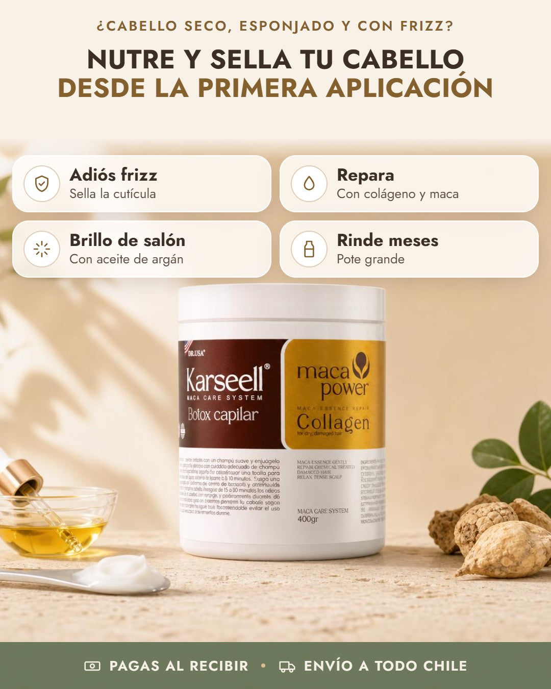 Beneficios de Karseell Botox Capilar: adiós frizz, repara, brillo de salón, rinde meses