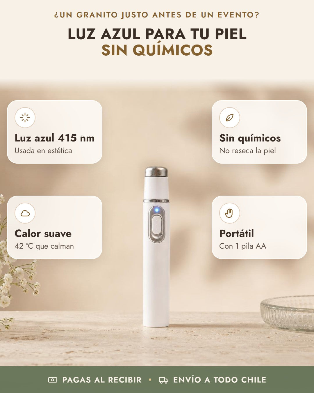 Beneficios de Lápiz de Luz Azul KD-7910: luz azul 415 nm, sin químicos, calor suave, portátil