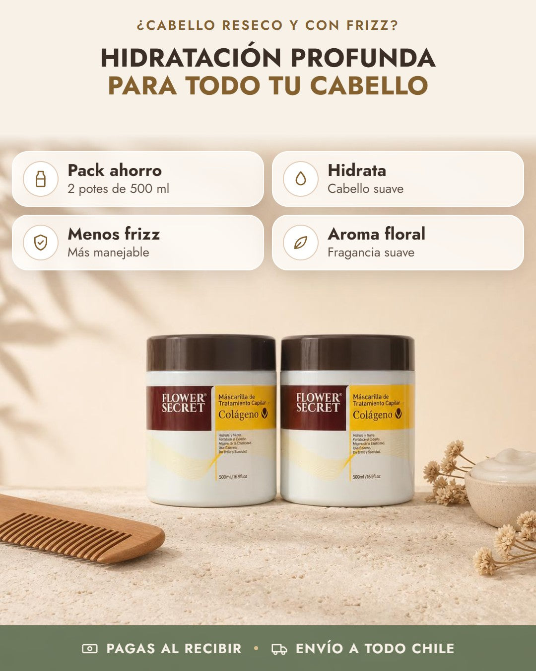 Beneficios de Mascarilla Colágeno Flower Secret: pack ahorro, hidrata, menos frizz, aroma floral