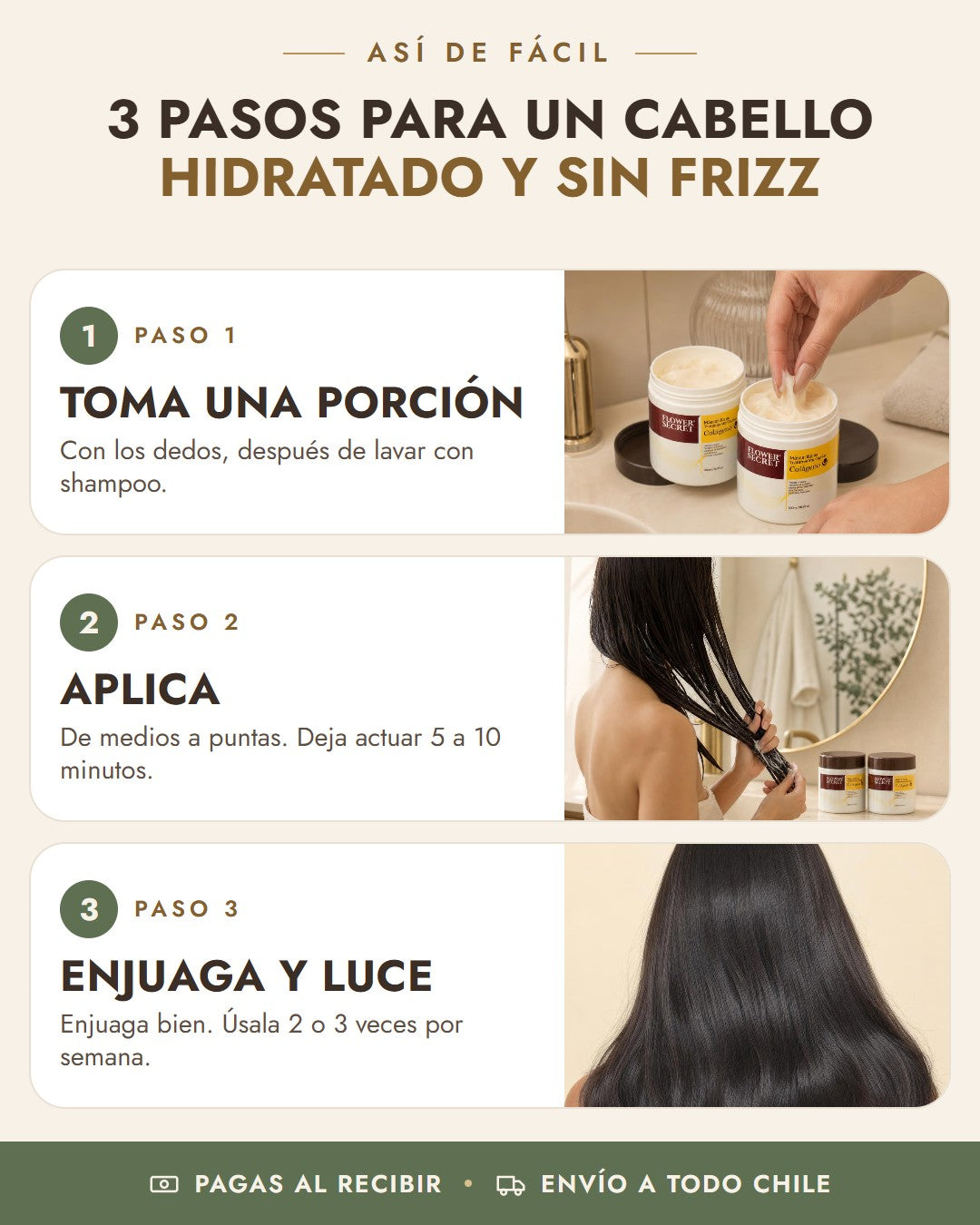 Cómo usar Mascarilla Colágeno Flower Secret en 3 pasos: toma una porción, aplica, enjuaga y luce