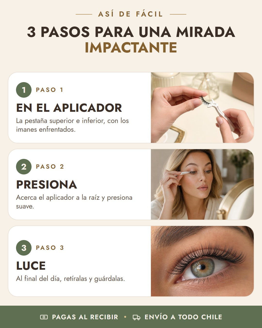 Cómo usar Pestañas Magnéticas LZ11 en 3 pasos: en el aplicador, presiona, luce