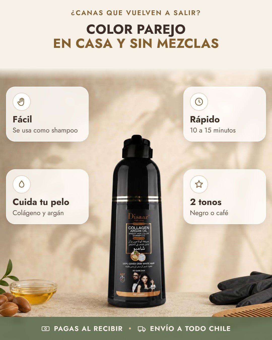 Beneficios de Shampoo Pinta Canas Disaar: fácil, rápido, cuida tu pelo, 2 tonos