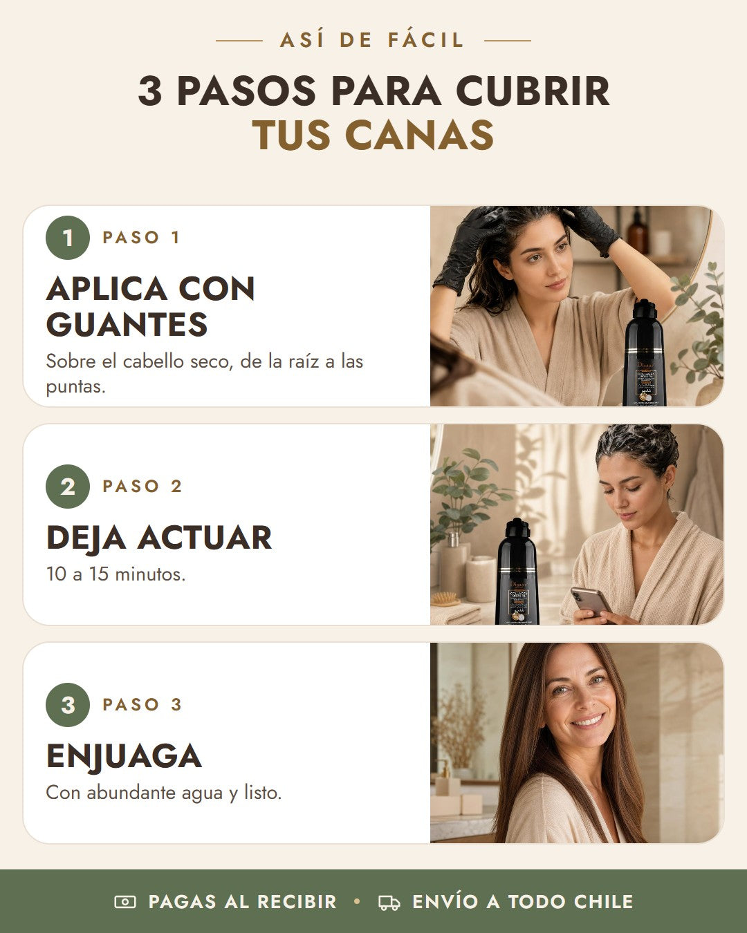 Cómo usar Shampoo Pinta Canas Disaar en 3 pasos: aplica con guantes, deja actuar, enjuaga