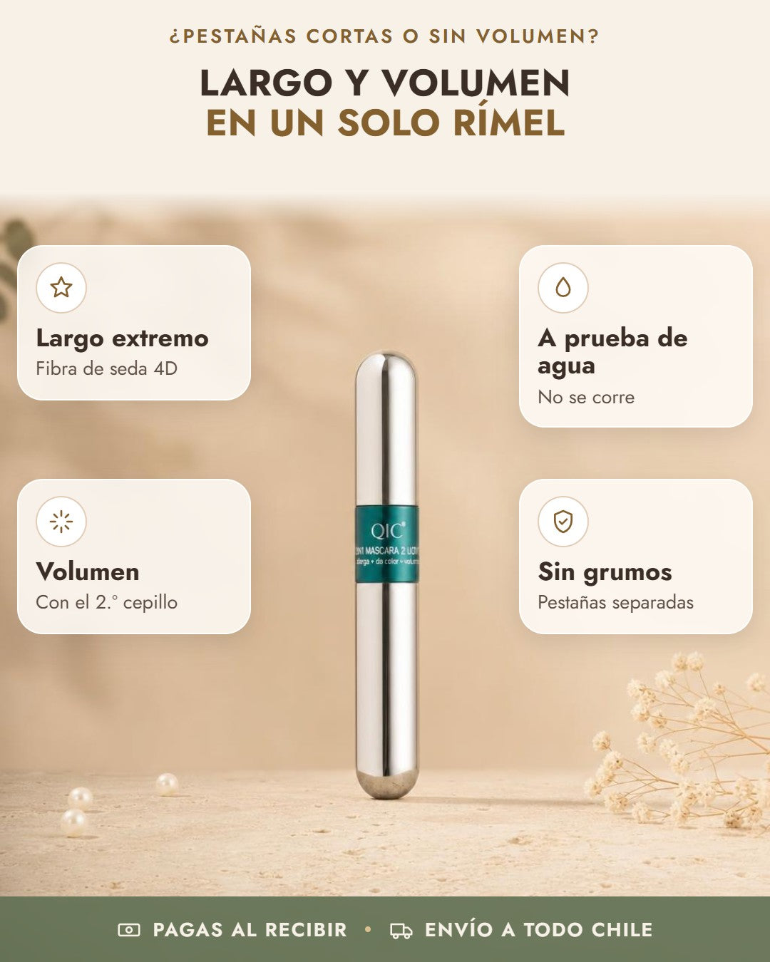 Beneficios de Rímel QIC 2 en 1: largo extremo, a prueba de agua, volumen, sin grumos