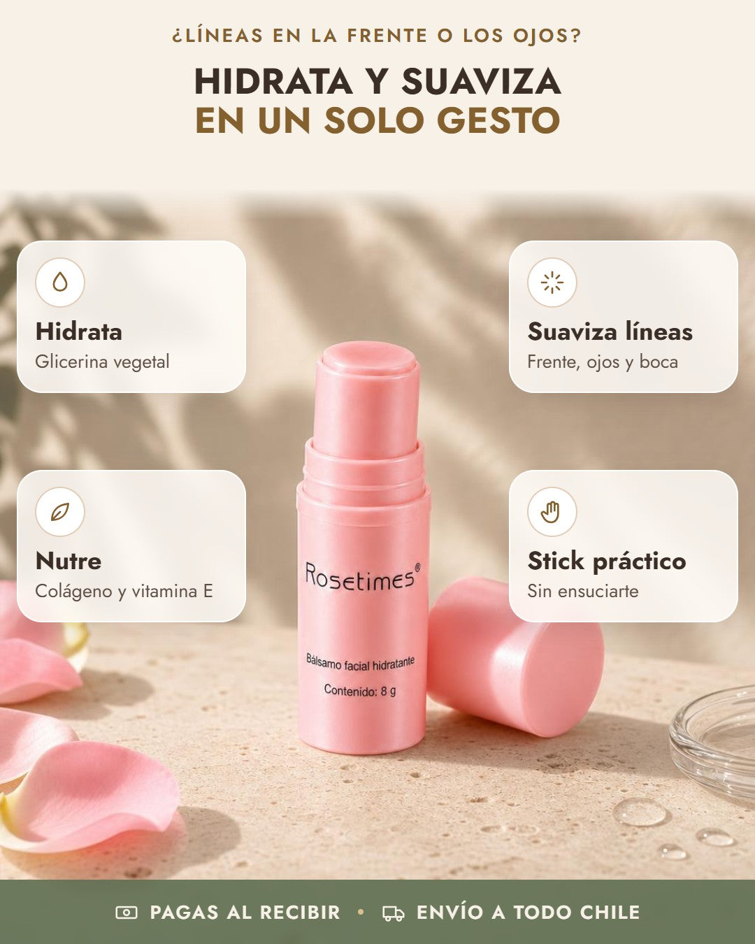 Beneficios de Bálsamo Antiarrugas Rosetimes: hidrata, suaviza líneas, nutre, stick práctico
