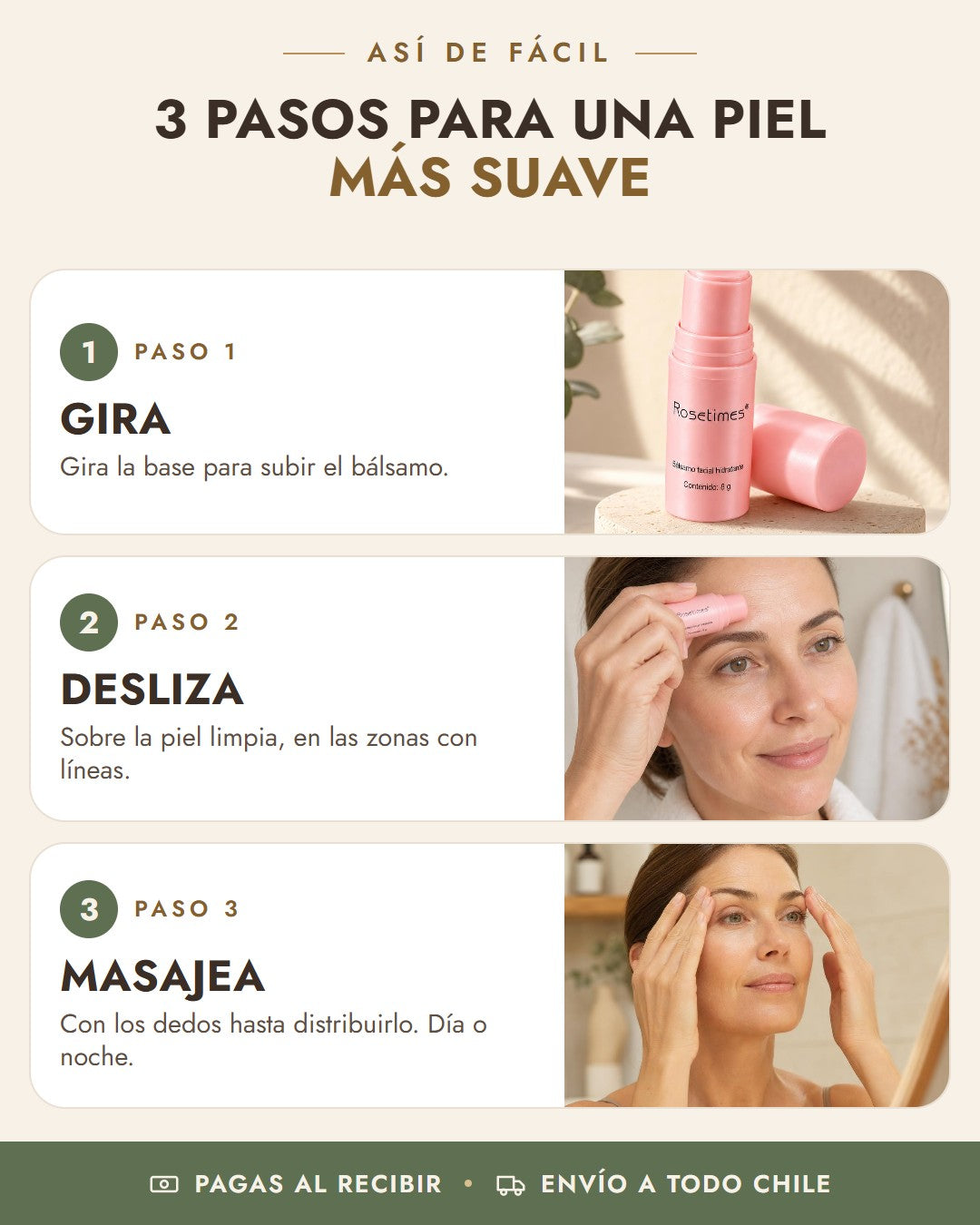 Cómo usar Bálsamo Antiarrugas Rosetimes en 3 pasos: gira, desliza, masajea
