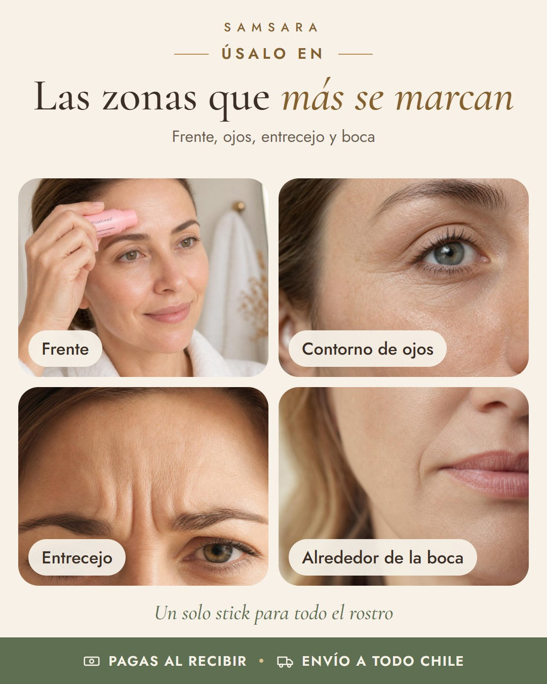 Bálsamo Antiarrugas Rosetimes: frente, contorno de ojos, entrecejo, alrededor de la boca