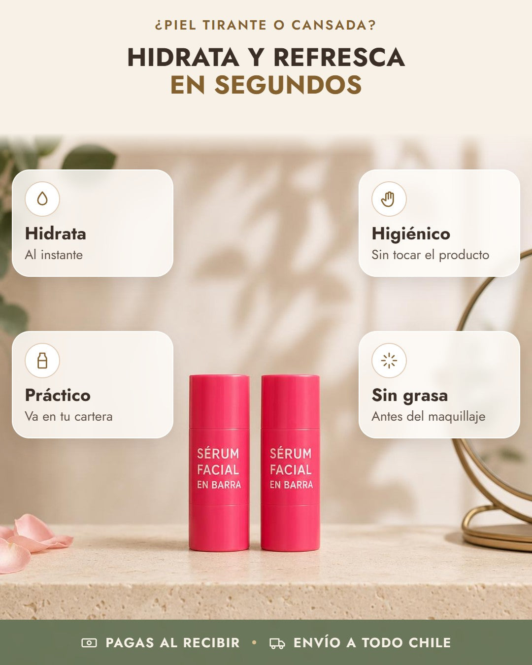 Beneficios de Sérum Facial en Barra Flower Secret x2: hidrata, higiénico, práctico, sin grasa