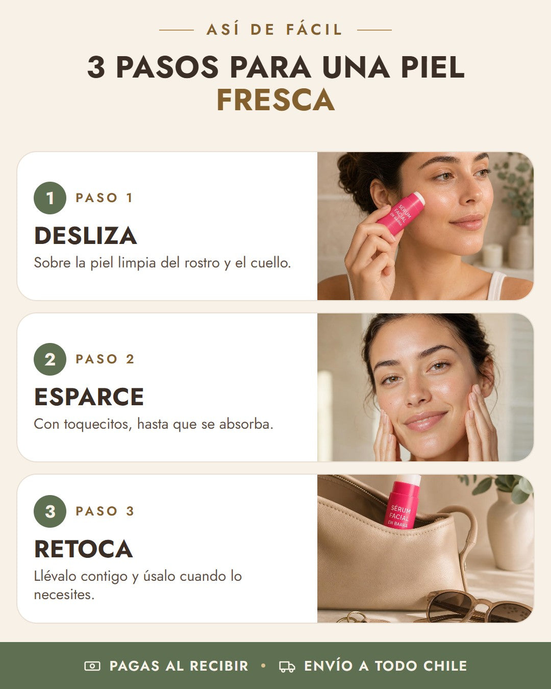 Cómo usar Sérum Facial en Barra Flower Secret x2 en 3 pasos: desliza, esparce, retoca