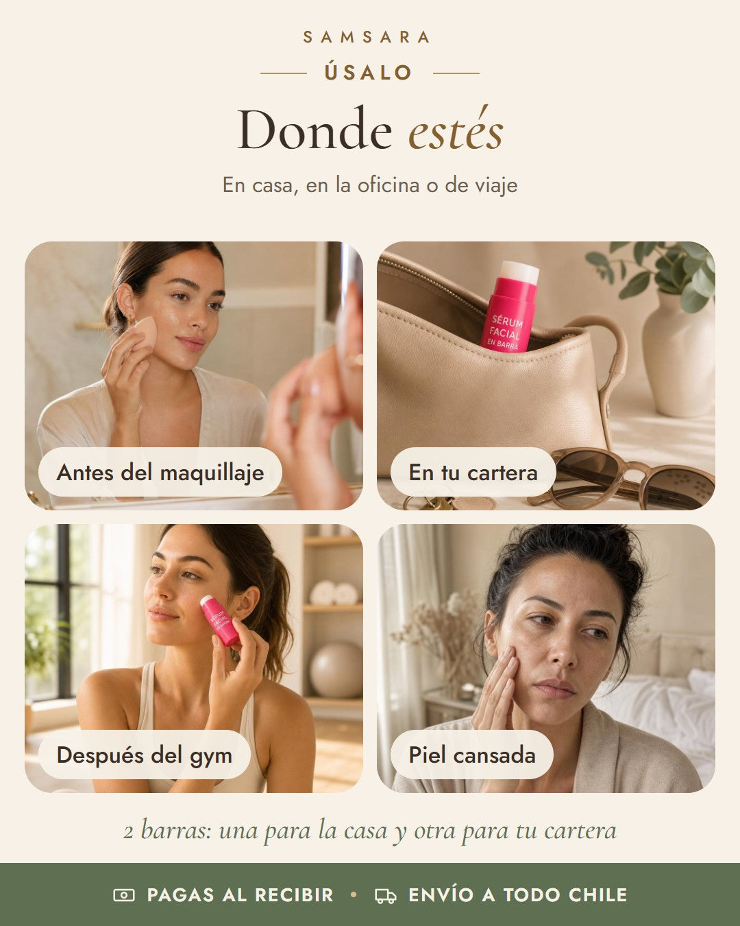 Sérum Facial en Barra Flower Secret x2: antes del maquillaje, en tu cartera, después del gym, piel cansada